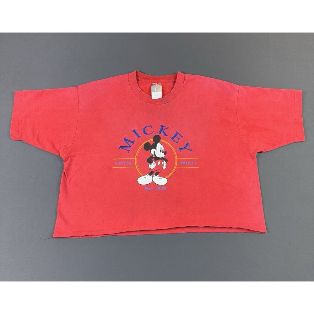 Vintage 90s Disney Mickey Mouse Single Stitch Red Cropped Shirt Womens XL Fade